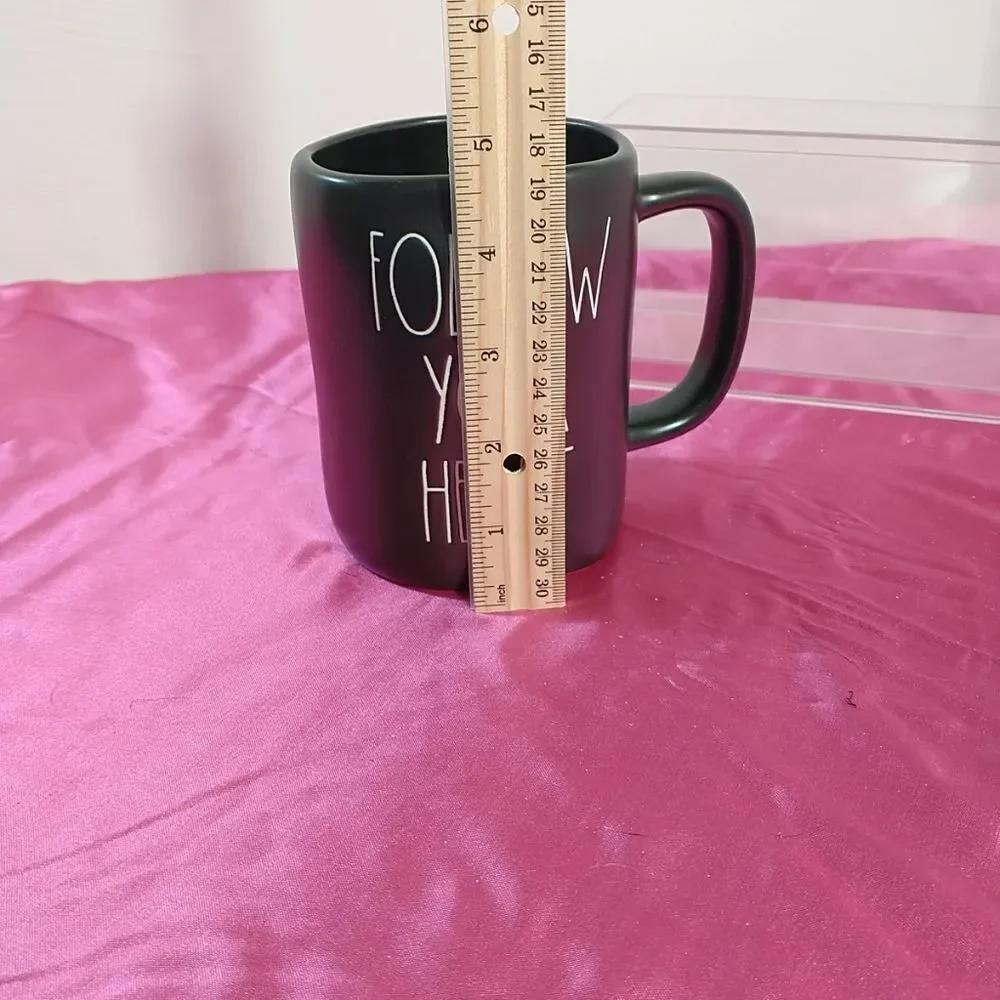 Rae Dunn Follow Your Heart Mug Matte Black Long White Writing. Condition is New